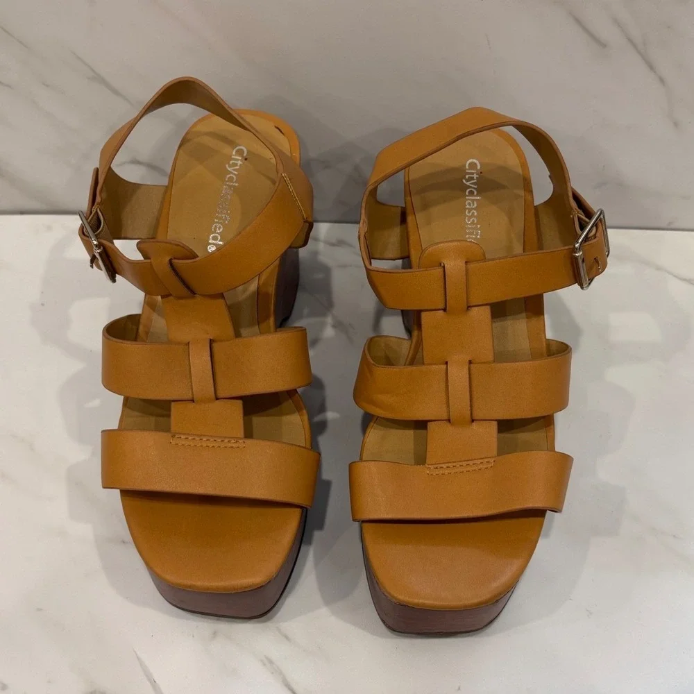 City Classified Wedge Sandals Women 7.5 Strappy Platform Vegan Leather Wood Heel